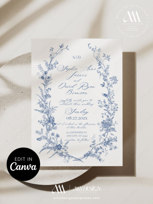 Classic Blue Monogram Floral Wedding Invitation Canva Template | Toile de Jouy Wedding Invite Set