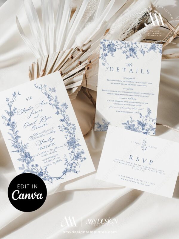 Classic Blue Monogram Floral Wedding Invitation Canva Template | Toile de Jouy Wedding Invite Set
