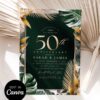 Tropical 50th Wedding Anniversary Invitation Template | Editable Canva Printable Emerald Green Gold Palm Leaves Invite | Digital Download