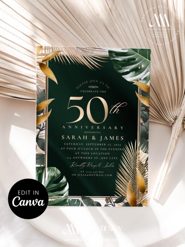 Tropical 50th Wedding Anniversary Invitation Template | Editable Canva Printable Emerald Green Gold Palm Leaves Invite | Digital Download