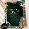Tropical 50th Wedding Anniversary Invitation Template | Editable Canva Printable Emerald Green Gold Palm Leaves Invite | Digital Download