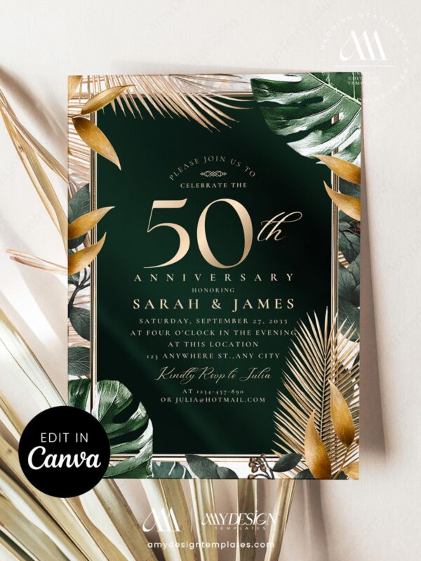 50th Wedding Invitation Anniversary Canva Template | Burgundy Gold Floral Photo Golden Anniversary Invite Printable Tropical 50th Wedding Anniversary Invitation Template | Editable Canva Printable Emerald Green Gold Palm Leaves Invite | Digital Download