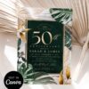 Luxury 50th Wedding Anniversary Invitation Template | Editable Canva Printable Emerald Green Gold Tropical Invite | Digital Download