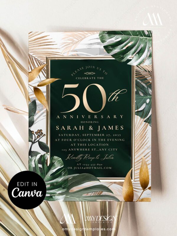 50th Wedding Invitation Anniversary Canva Template | Burgundy Gold Floral Photo Golden Anniversary Invite Printable Luxury 50th Wedding Anniversary Invitation Template | Editable Canva Printable Emerald Green Gold Tropical Invite | Digital Download