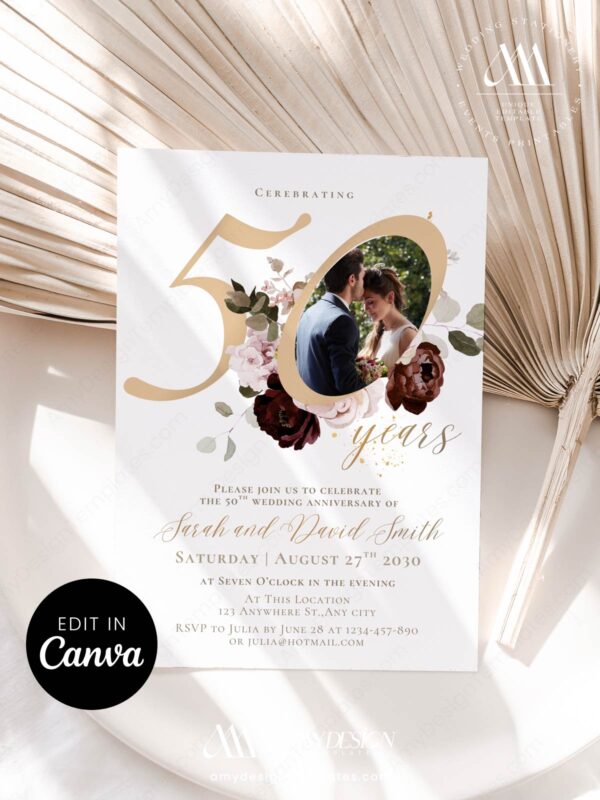 50th Wedding Invitation Anniversary Canva Template | Burgundy Gold Floral Photo Golden Anniversary Invite Printable