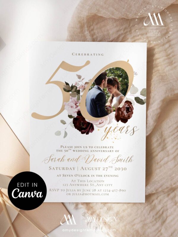 50th Wedding Invitation Anniversary Canva Template | Burgundy Gold Floral Photo Golden Anniversary Invite Printable 50th Wedding Invitation Anniversary Canva Template | Burgundy Gold Floral Photo Golden Anniversary Invite Printable