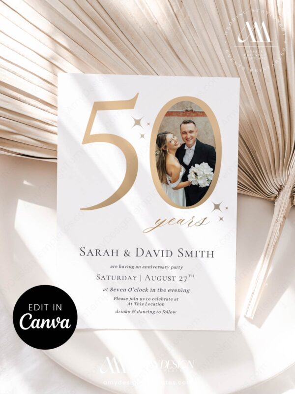 Minimalist 50th Anniversary Invitation Canva Template | Modern Elegant Anniversary Invite Printable Editable