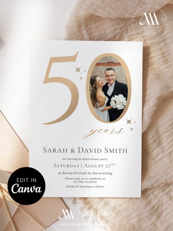 50th Wedding Invitation Anniversary Canva Template | Burgundy Gold Floral Photo Golden Anniversary Invite Printable Minimalist 50th Anniversary Invitation Canva Template | Modern Elegant Anniversary Invite Printable Editable