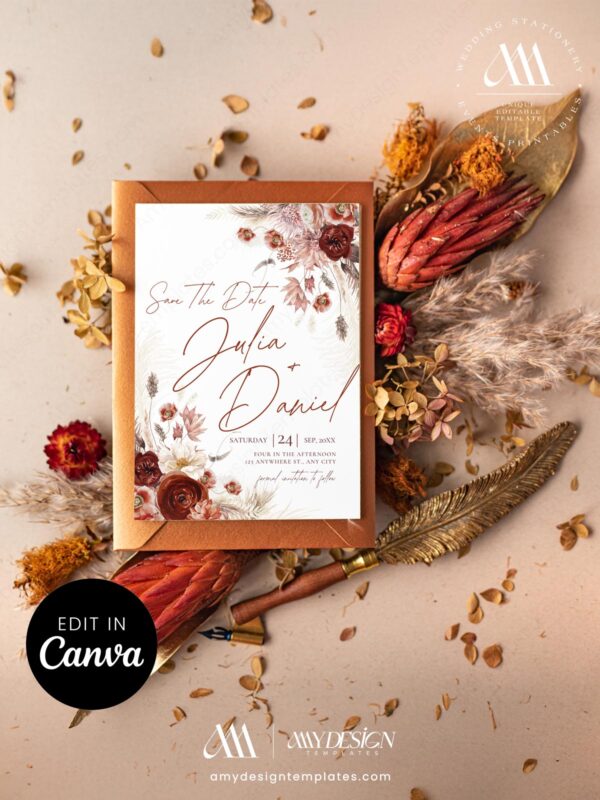 Boho Rustic Save the Date Canva Template | Terracotta Desert Wedding