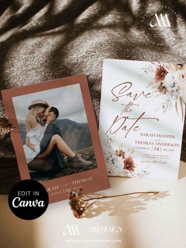 Bohemian Photo Save the Date Canva Template | Dusty Rust & Dried Florals