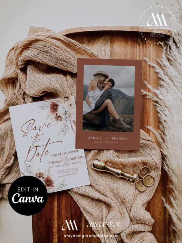 Bohemian Photo Save the Date Canva Template | Dusty Rust & Dried Florals