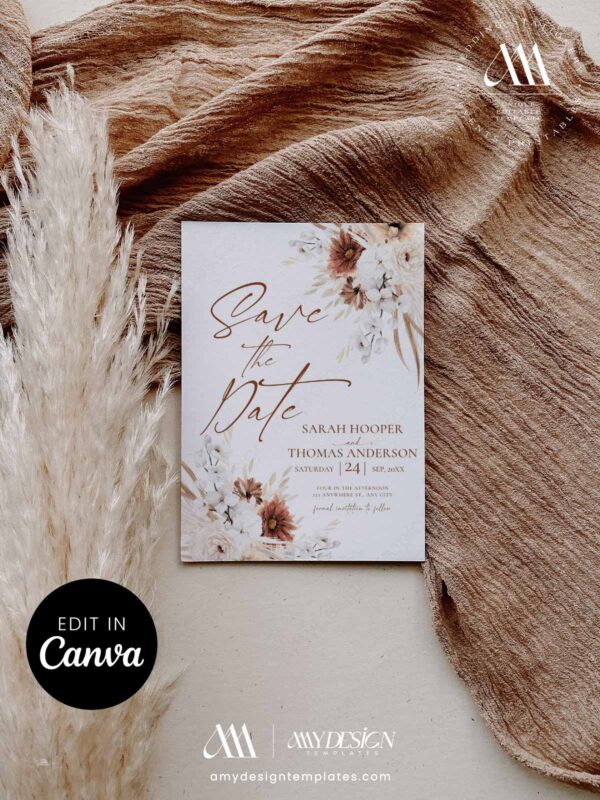 5+ Free Boho Save the Date Wedding Templates: Announce Your Big Day with Style Bohemian Photo Save the Date Canva Template | Dusty Rust & Dried Florals