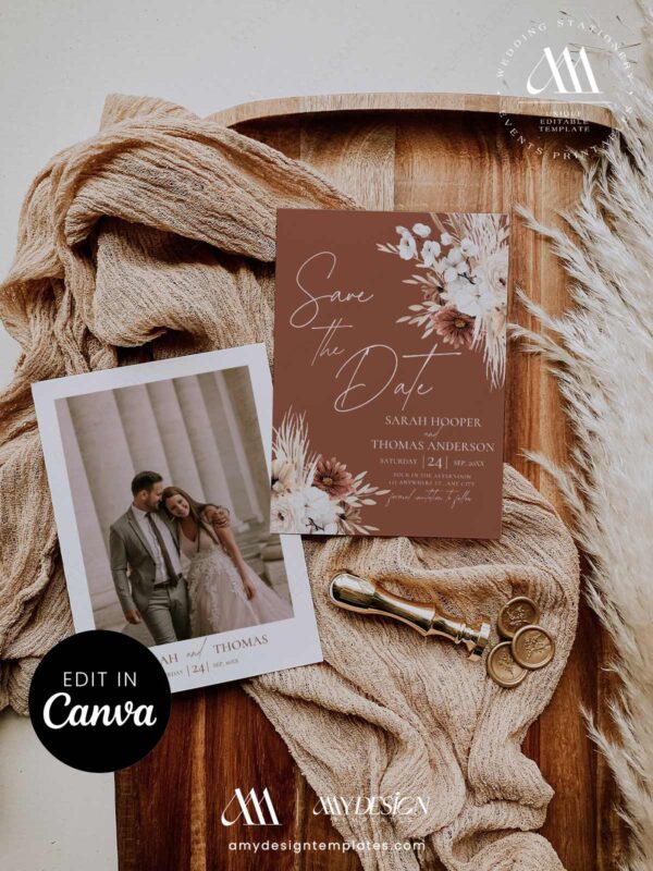 Dark Terracotta Save the Date Photo Template | Boho Rustic Wedding