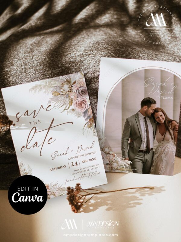 Mauve Pink Boho Save the Date Canva Template | Dusty Rose & Pampas