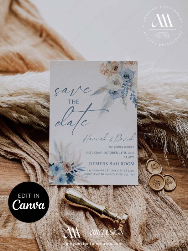 Dusty Blue Save the Date Template Canva Editable | Boho Wedding Save Our Date Card