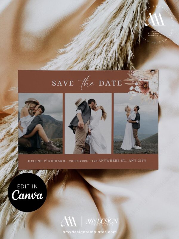 Photo Collage Save the Date Canva Template Horizontal | Terracotta Rust Wedding Editable Digital Download