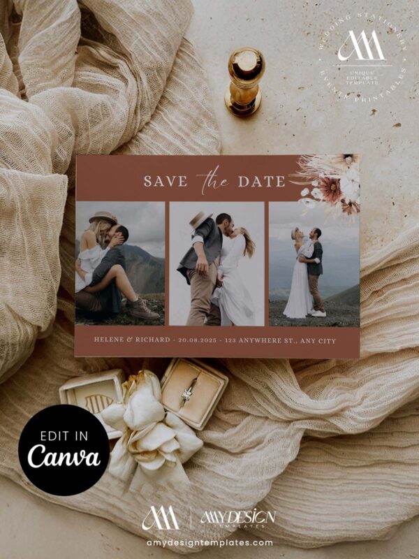 Photo Collage Save the Date Canva Template Horizontal | Terracotta Rust Wedding Editable Digital Download