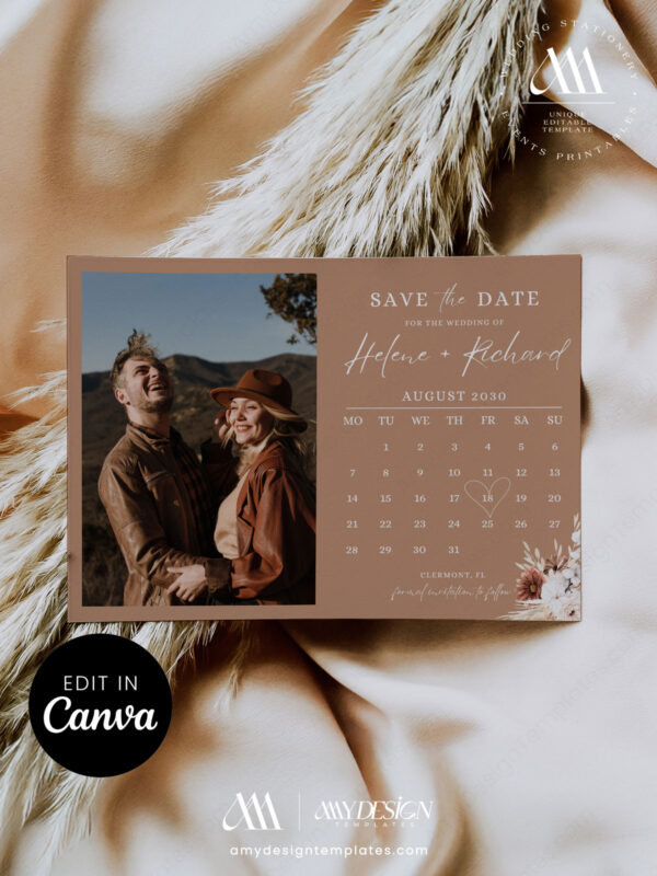 Photo Calendar Save the Date Template Canva | Terracotta Rust Canva Editable Digital Wedding Card