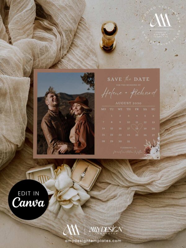 Photo Calendar Save the Date Template Canva | Terracotta Rust Canva Editable Digital Wedding Card