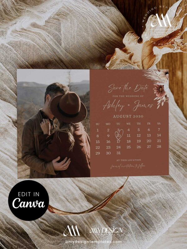 Terracotta Calendar Save the Date Wedding Photo Template | Rust Burnt Orange Canva Editable