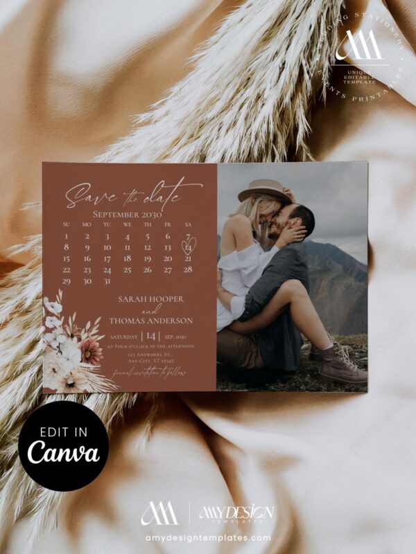 Calendar Save the Date Wedding Photo Canva Template | Boho Terracotta Rust Editable Card