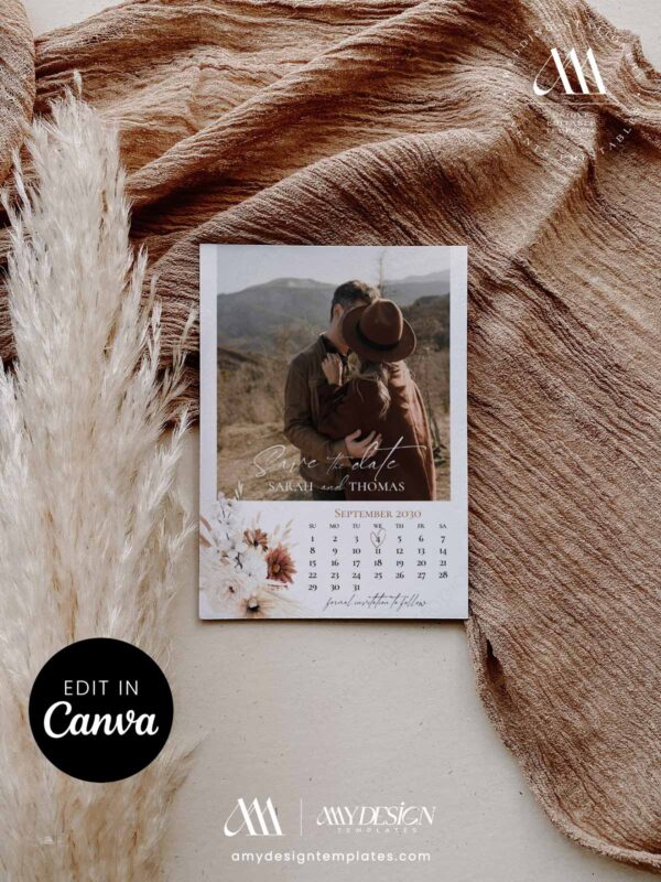 Photo Calendar Save the Date Template Minimalist Boho Rustic | Neutral Printable Wedding Announcement Card