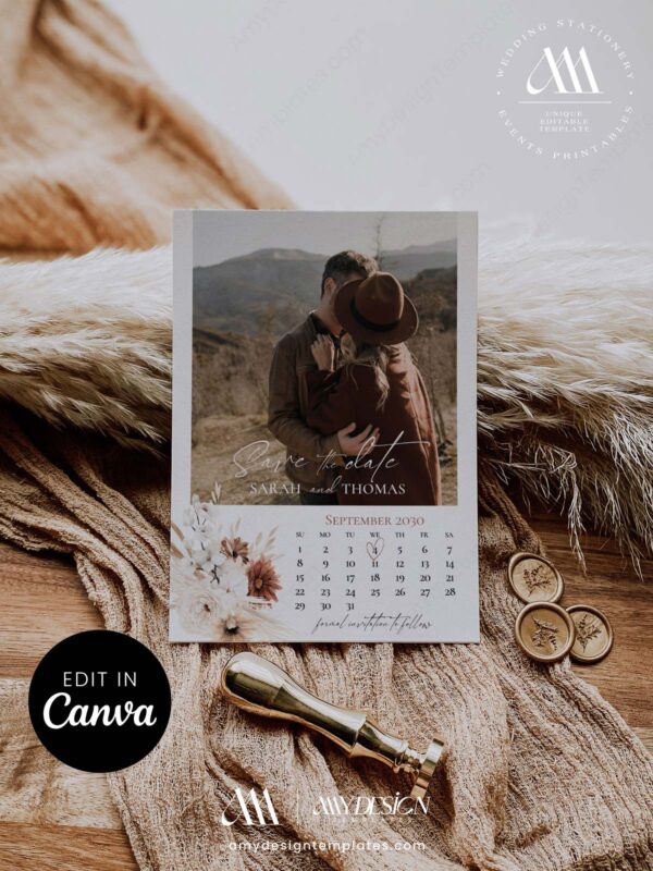 Photo Calendar Save the Date Template Minimalist Boho Rustic | Neutral Printable Wedding Announcement Card