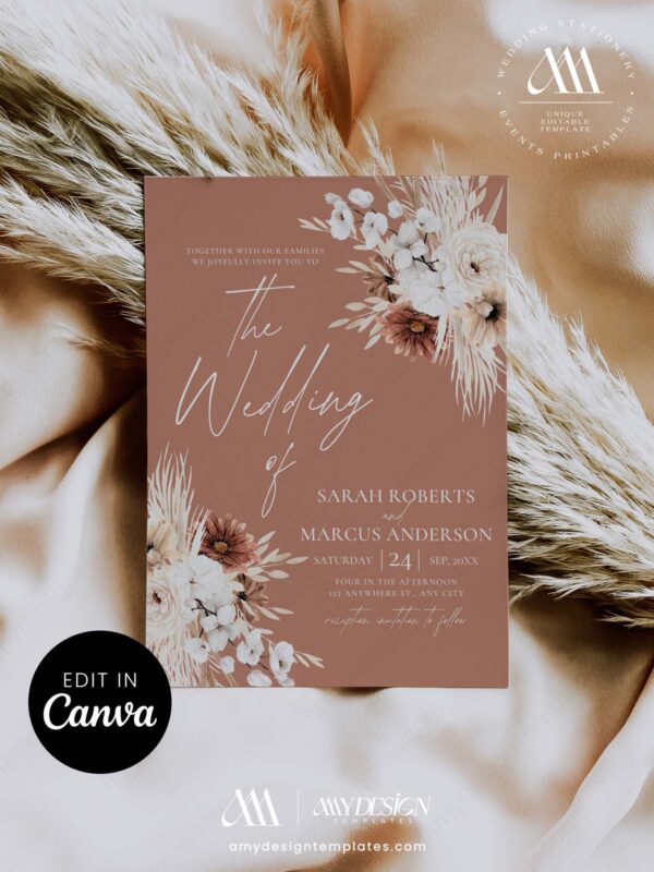 Soft Terracotta Boho Wedding Invitation Canva Template | Dusty Rose Pampas Grass Editable Digital Download | Neutral Fall Invitation Canva
