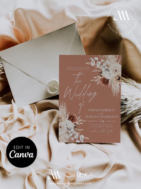 Soft Terracotta Boho Wedding Invitation Canva Template | Dusty Rose Pampas Grass Editable Digital Download | Neutral Fall Invitation Canva