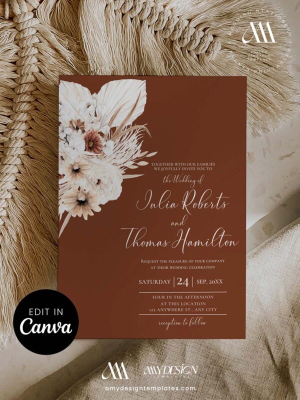 Fall Boho Wedding Invitation Template | Editable Terracotta Rust Autumn Fall Invite Canva | Pampas Grass Dried Floral Digital Download