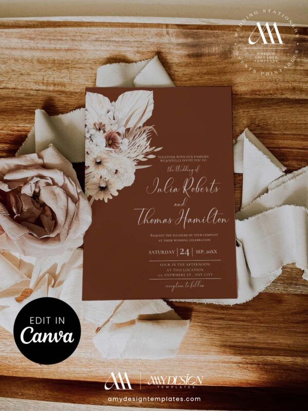 Fall Boho Wedding Invitation Template | Editable Terracotta Rust Autumn Fall Invite Canva | Pampas Grass Dried Floral Digital Download