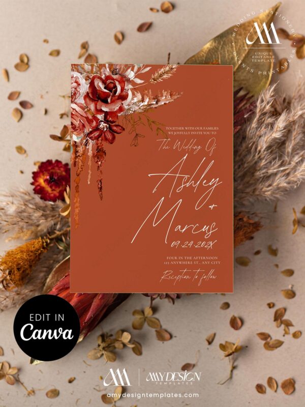 Terracotta Wedding Announcement Invitation Template | Rust Red Rose Floral Editable Canva | Boho Autumn