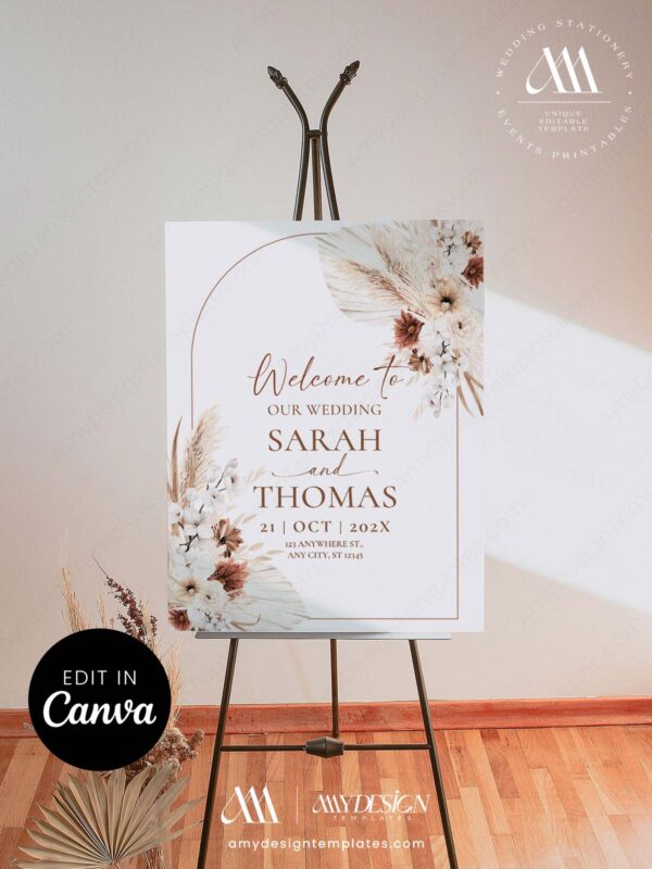 Boho Wedding Welcome Sign Template Editable Canva, Arch Welcome Sign Printable, Pampas Grass Terracotta Rust Wedding Decor, Digital Download