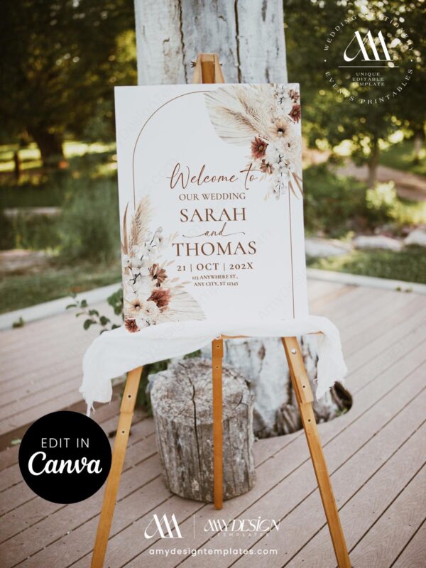 Boho Wedding Welcome Sign Template Editable Canva, Arch Welcome Sign Printable, Pampas Grass Terracotta Rust Wedding Decor, Digital Download