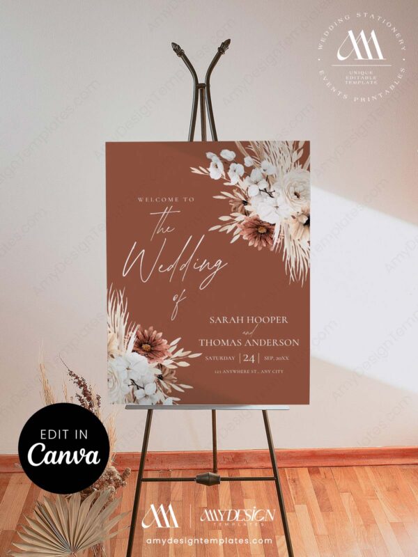 Dark Terracotta Wedding Welcome Sign Template Editable, Moody Boho Fall Wedding Decor, Rust Pampas Grass Printable Sign, Instant Download