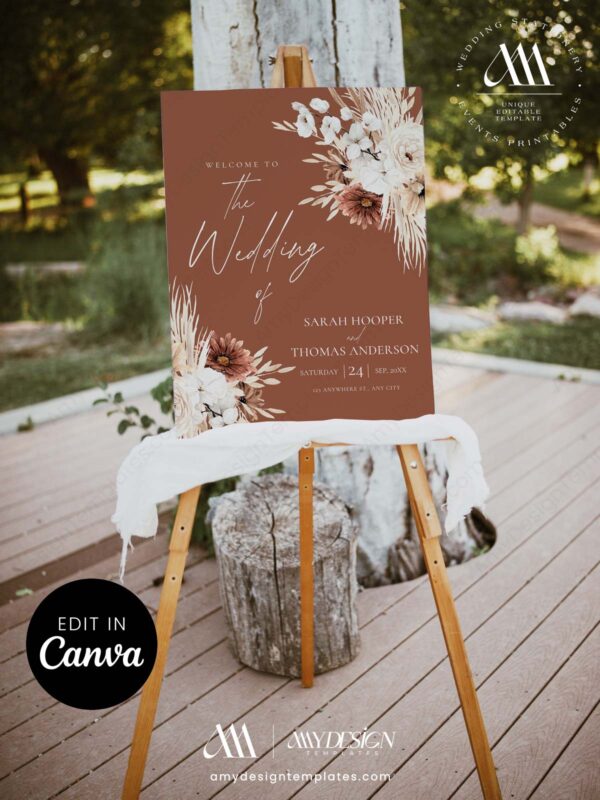 Dark Terracotta Wedding Welcome Sign Template Editable, Moody Boho Fall Wedding Decor, Rust Pampas Grass Printable Sign, Instant Download