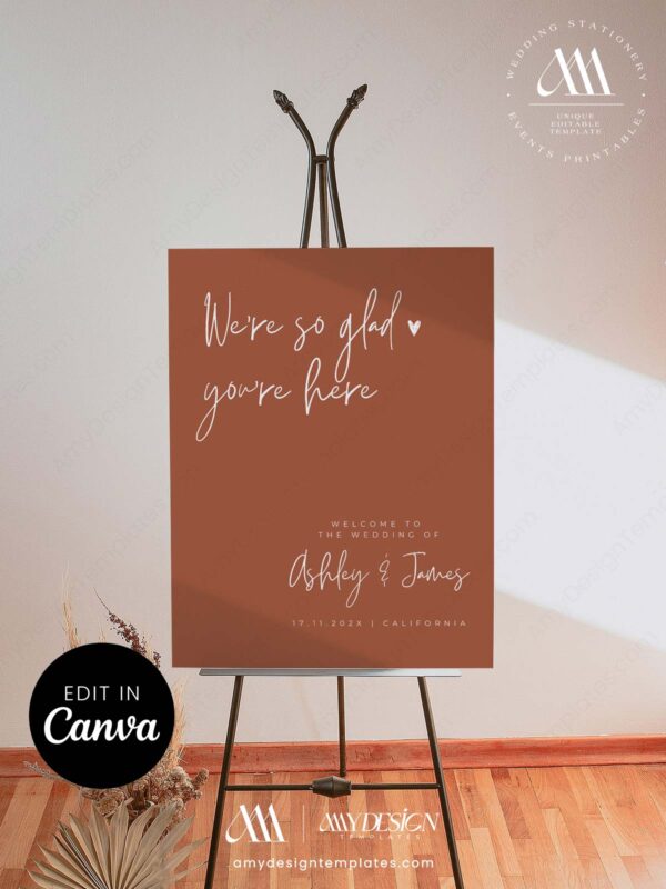 Modern Minimalist Wedding Welcome Sign Template, Terracotta Script Sign Editable Canva, Elegant Simple Wedding Decor, Glad You're Here