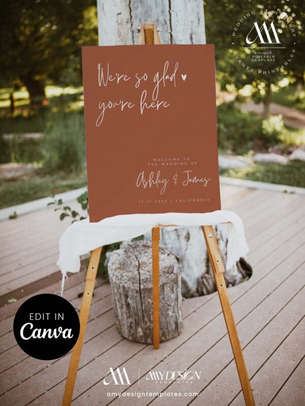 Modern Minimalist Wedding Welcome Sign Template, Terracotta Script Sign Editable Canva, Elegant Simple Wedding Decor, Glad You're Here