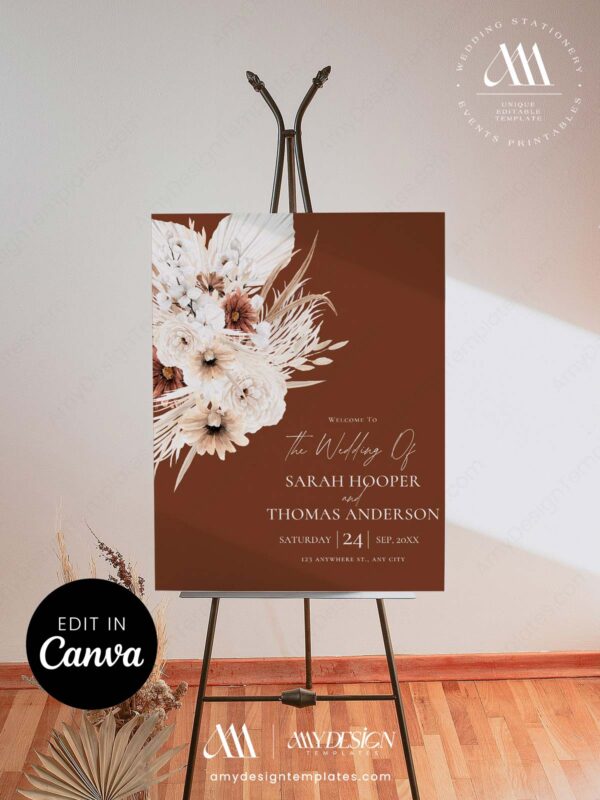 Dark Terracotta Boho Wedding Welcome Sign Template, Dramatic Pampas Grass Floral Sign, Editable Rust Autumn Wedding Decor, Digital Download