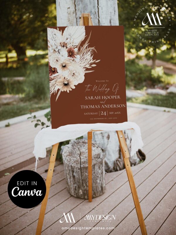 Dark Terracotta Boho Wedding Welcome Sign Template, Dramatic Pampas Grass Floral Sign, Editable Rust Autumn Wedding Decor, Digital Download