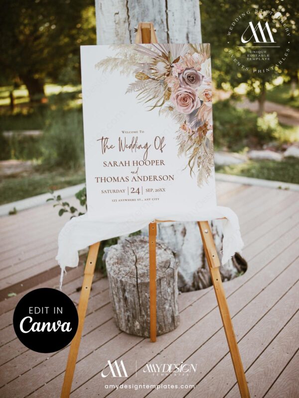 Blush Pink Pampas Wedding Welcome Sign Template, Dusty Rose Boho Floral Sign Editable, Neutral Modern Bridal Shower Decor, Canva Download