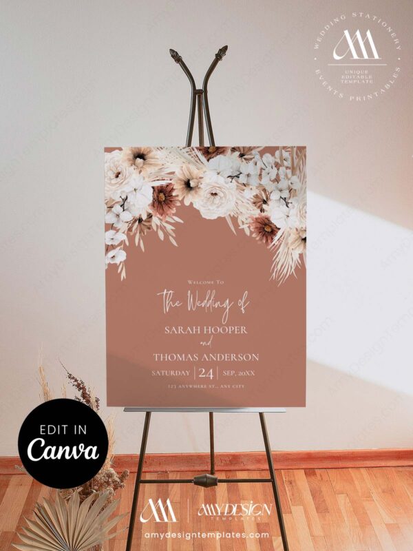 Terracotta Wedding Welcome Sign Template Editable, Boho Rust Floral Header, Pampas Grass Arch Sign Printable, Autumn Wedding Decor Canva