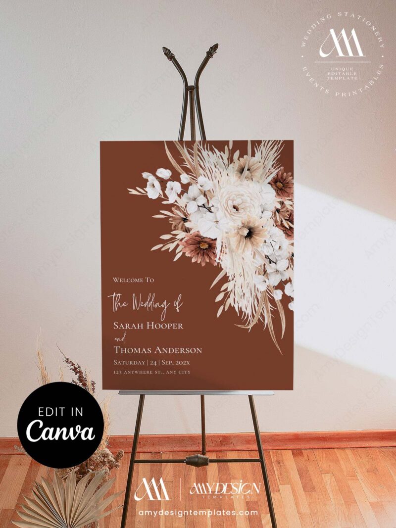 Moody Boho Wedding Welcome Sign Canva Template Editable | Dark ...
