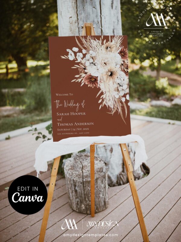 Moody Boho Wedding Welcome Sign Template Editable, Dark Terracotta Diagonal Floral Sign, Rust Pampas Grass Printable, Fall Wedding Decor
