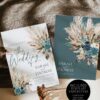 Teal Boho Wedding Invitation Template | Bohemian Pampas Grass Invite Card | Rustic Dark Slate Green Teal Boho Wedding Invitation Template