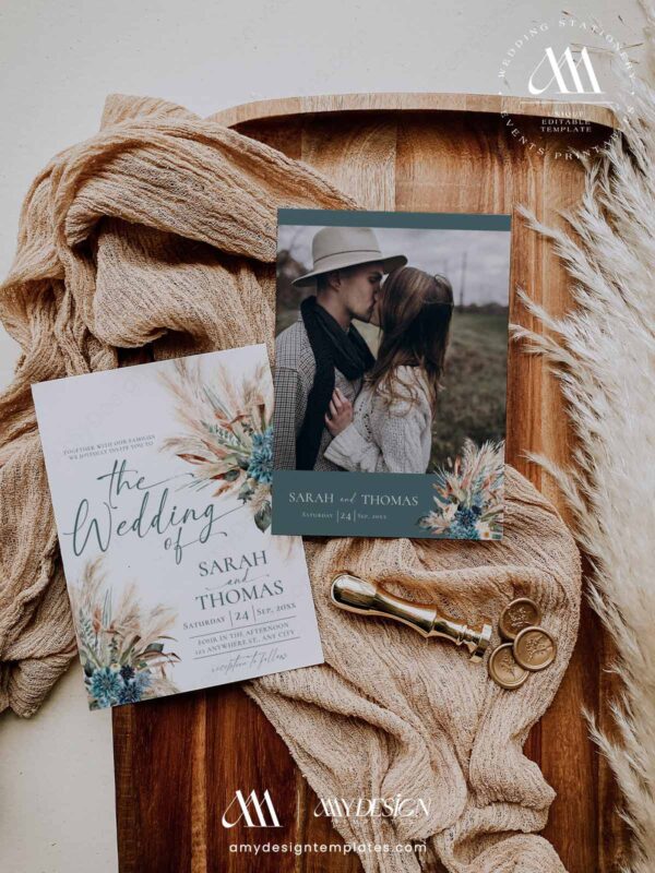 Alternative view of Teal Boho Wedding Invitation Template | Bohemian Pampas Grass Invite Card | Rustic Dark Slate Green