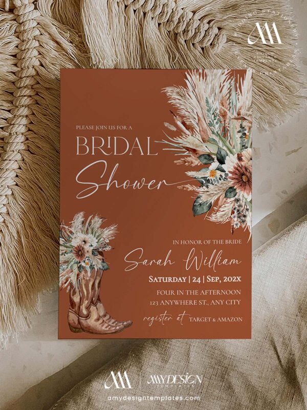 Cowboy Boots Bridal Shower Invite | Western Boho Invitation | Rustic Country Pampas Grass