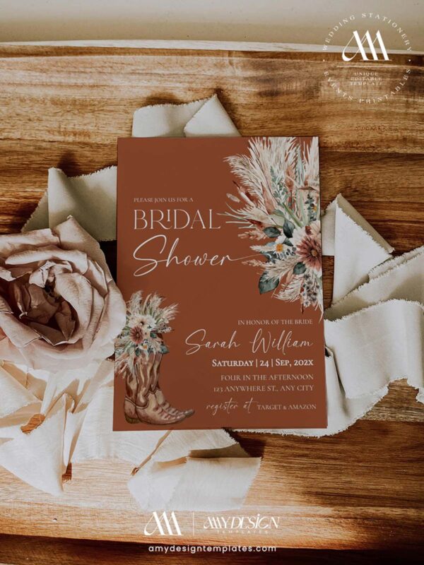 Cowboy Boots Bridal Shower Invite | Western Boho Invitation | Rustic Country Pampas Grass