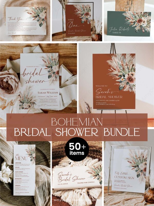 50+ Item Boho Terracotta Bridal Shower Bundle Template | Editable Pampas Grass Invitation, Games, Signs & Stationery Pack | Instant Download