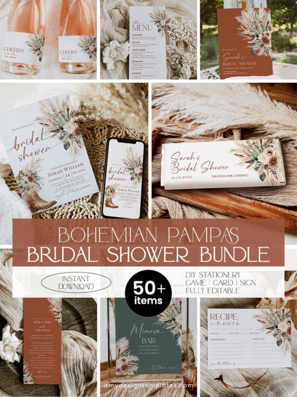 50+ Item Boho Terracotta Bridal Shower Bundle Template | Editable Pampas Grass Invitation, Games, Signs & Stationery Pack | Instant Download